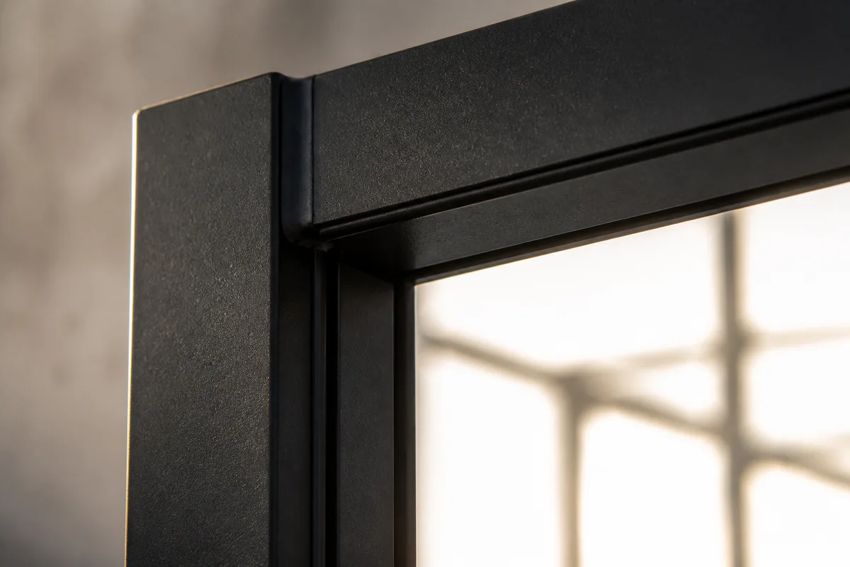 Détail d’un angle de verrière en acier noir mat, assemblage soudé et parclose contre un carreau, contre jour de fin de journée