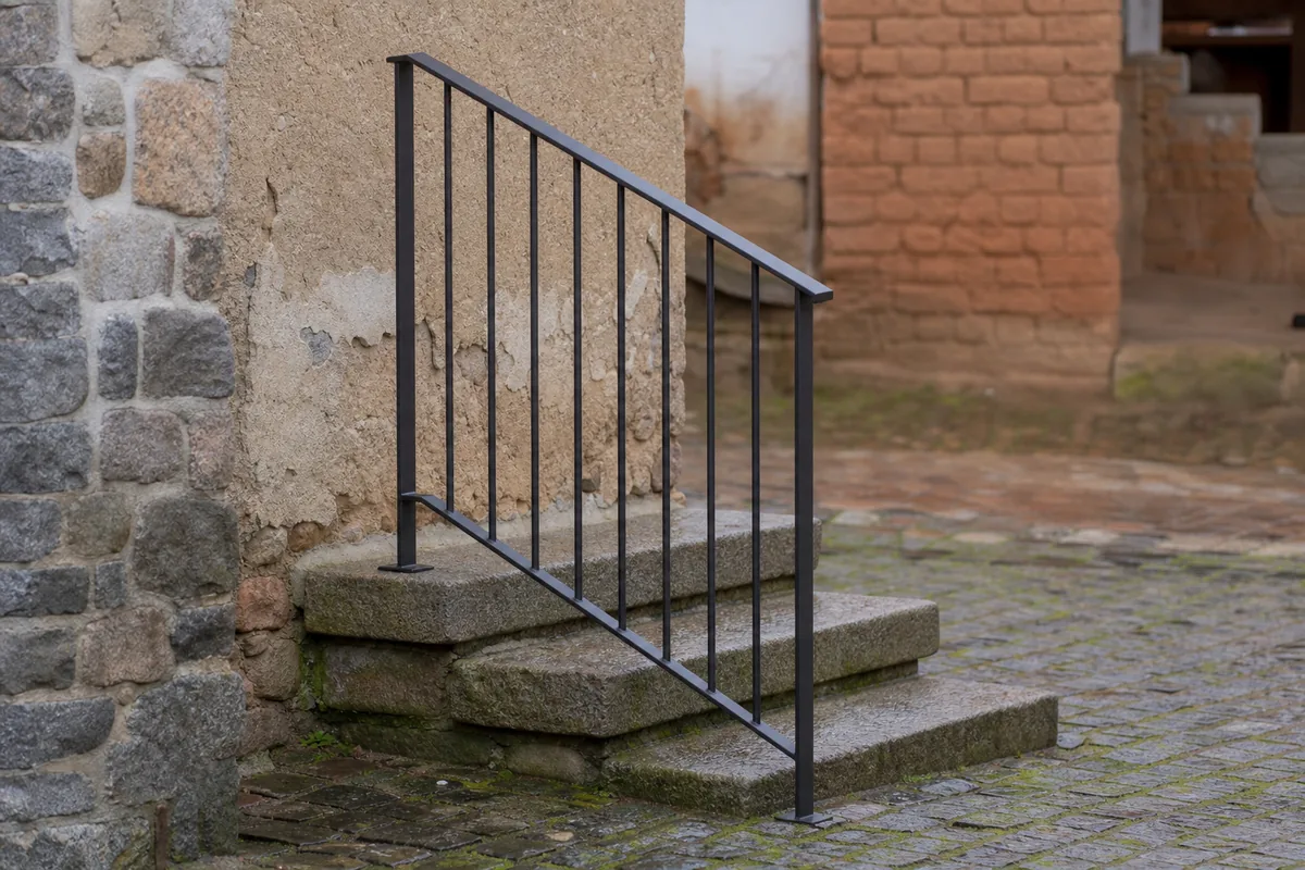Garde-corps en acier noir mat devant un mur de pisé et de granit dans une cour roannaise