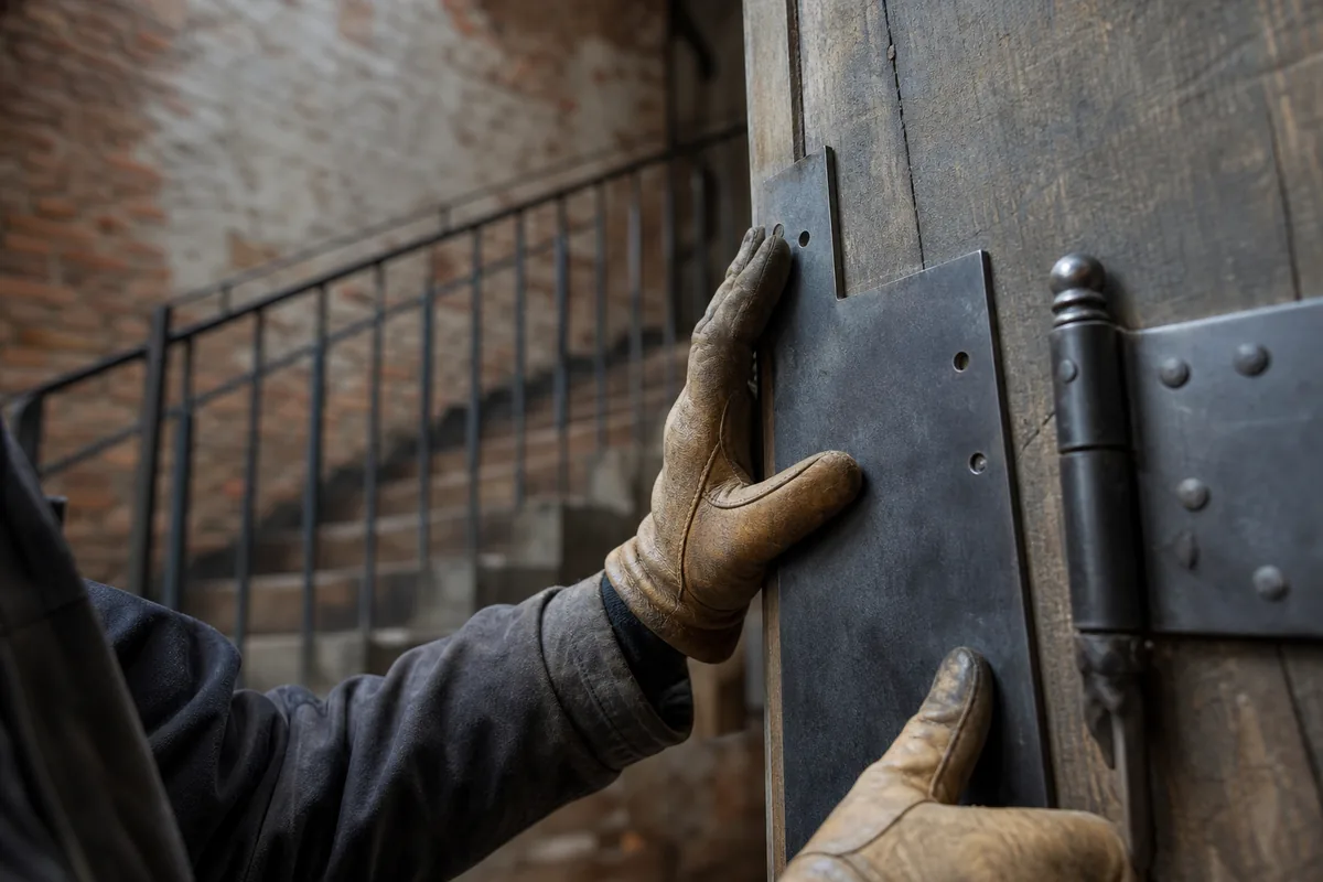 Tôle d’acier de blindage plaquée sur une porte d’entrée ancienne dans une cage d’escalier en brique