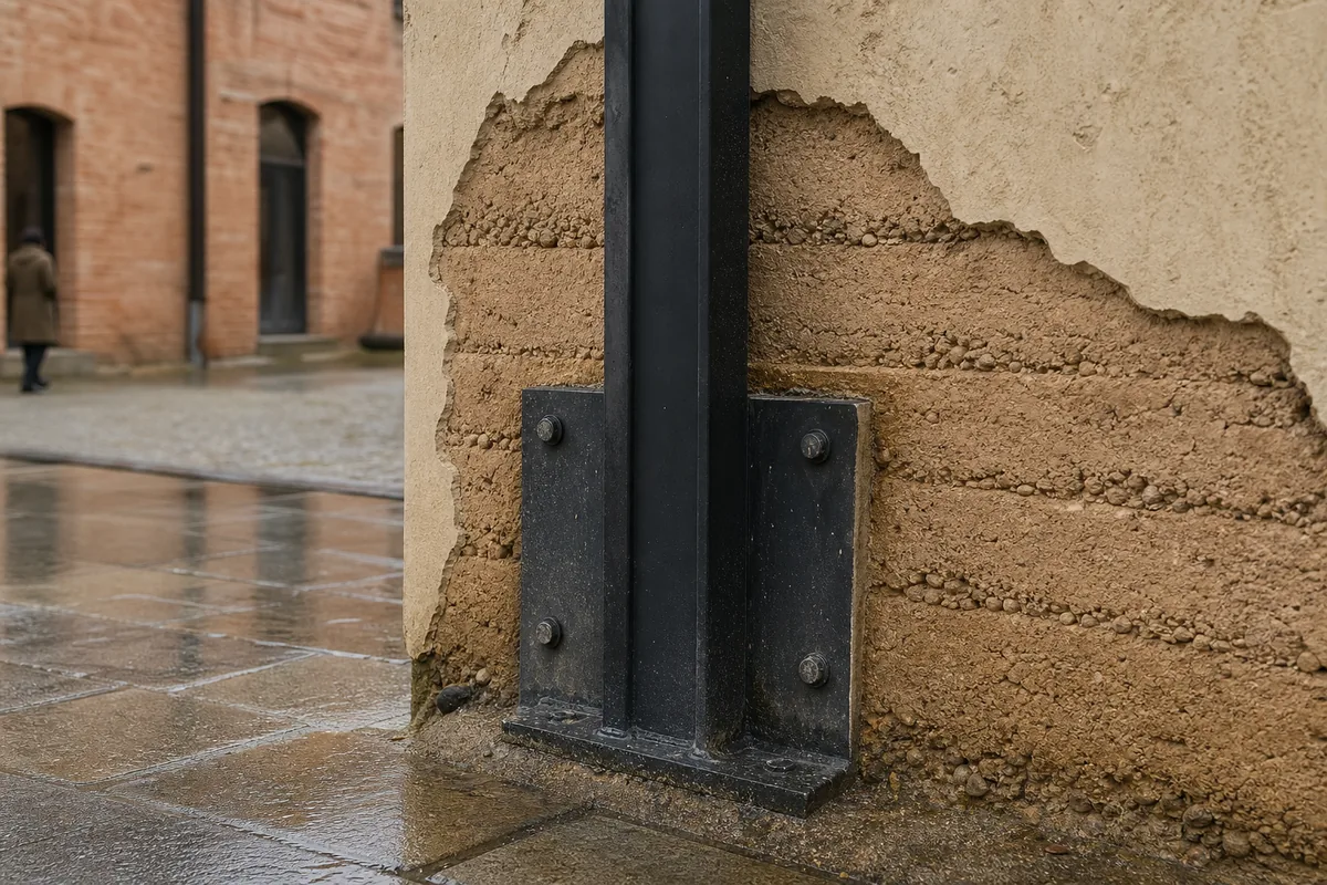 Garde-corps et menuiserie métallique noir mat devant un mur de pisé beige d’une cour pavée roannaise
