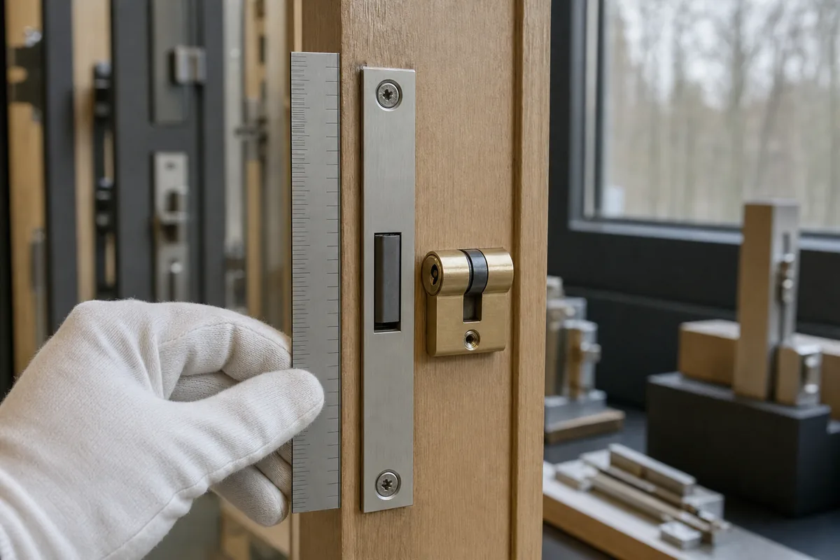Mesure au réglet d’un cylindre européen posé sur la tranche d’une porte d’entrée ouverte