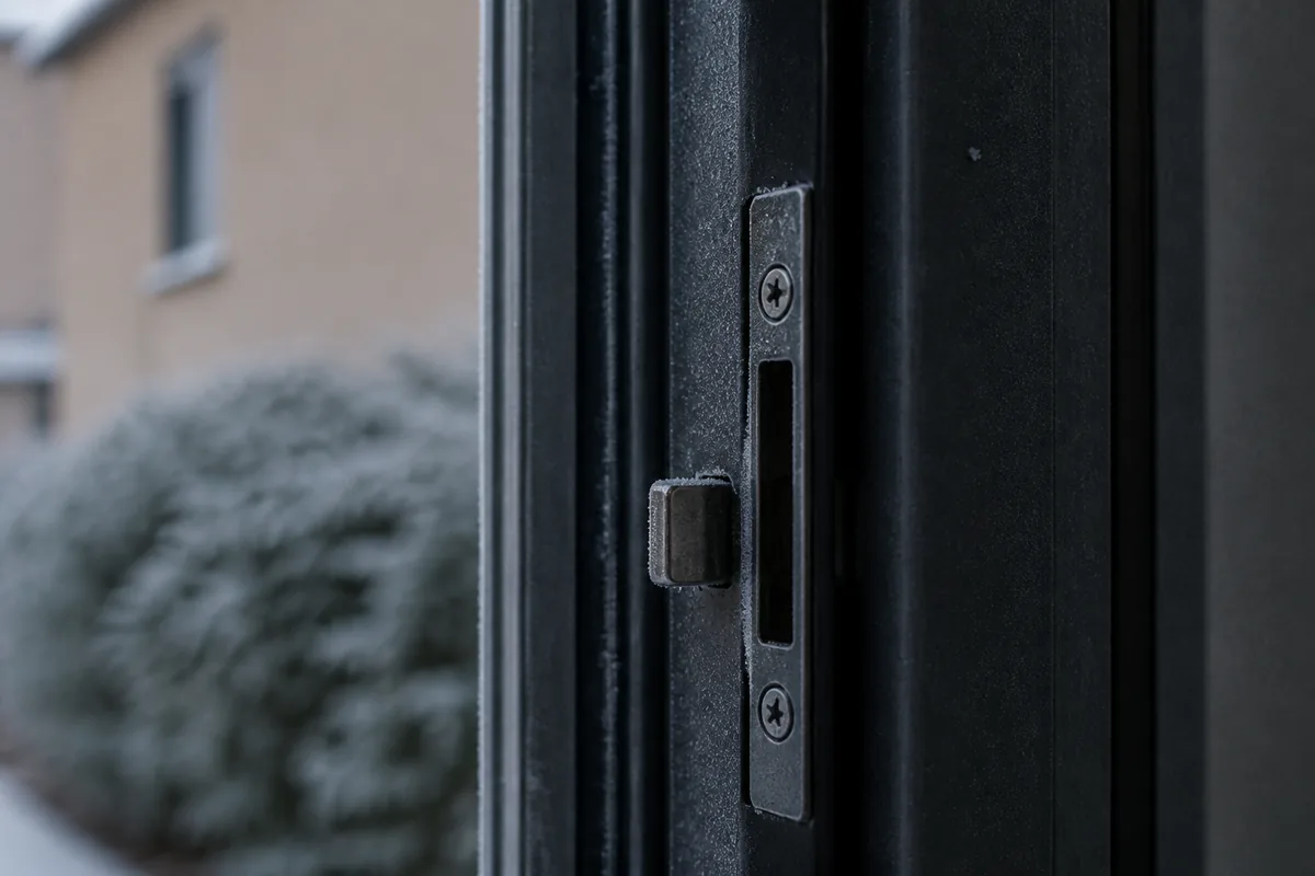 Gâche et pêne d’une porte d’entrée récente vus de près par une matinée givrée