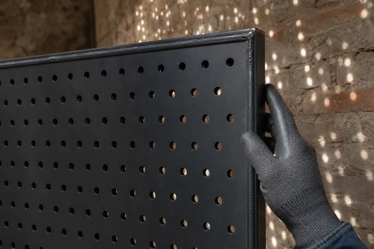 Garde-corps d’escalier en tôle perforée noir mat filtrant la lumière d’une verrière dans un ancien atelier en brique