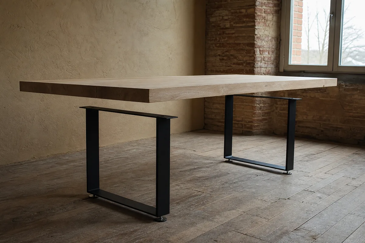 Piètement de table en acier noir mat sur parquet ancien, plateau bois posé dessus dans un logement roannais