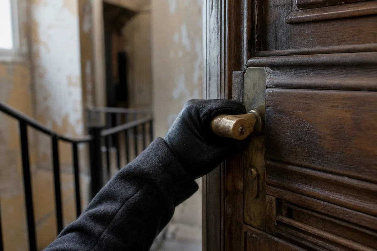 Main gantée posée sur la poignée d’une porte en bois ancienne dans une cage d’escalier roannaise