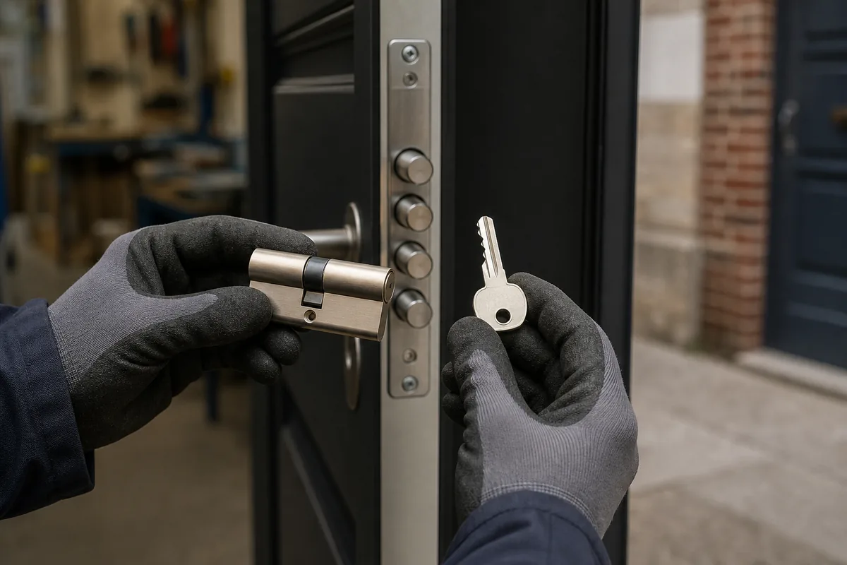 Mains gantées présentant un cylindre européen certifié devant un bloc-porte blindé noir mat