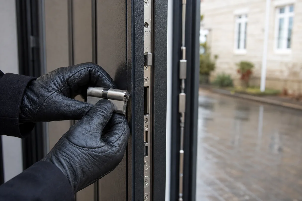 Mains gantées remplaçant le cylindre d’une serrure multipoints sur une porte d’entrée
