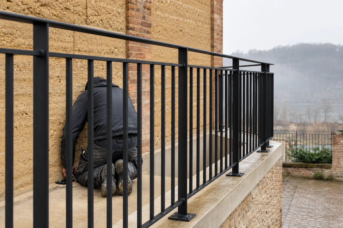 Garde-corps en acier noir mat fraîchement posé devant un mur de pisé et de brique roannaise