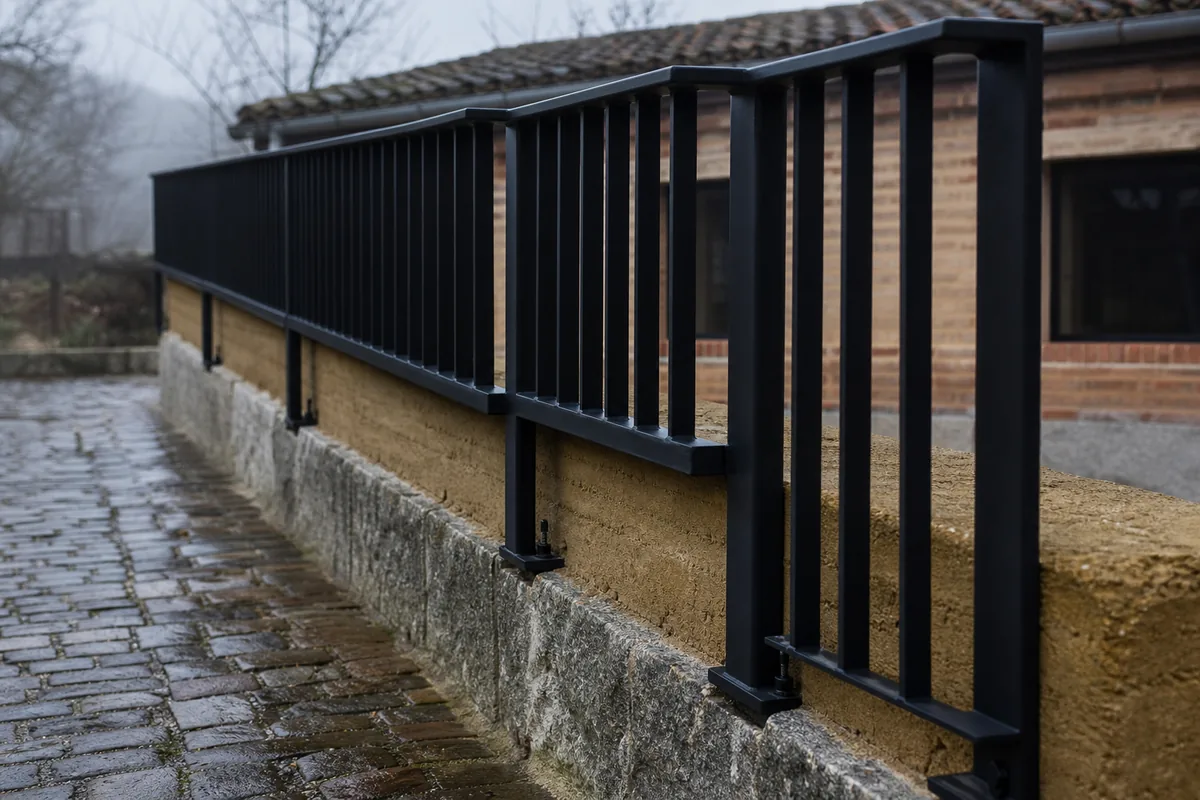 Garde-corps acier noir mat fixé sur un mur ancien en pisé de terre crue, cour pavée du Roannais en fin de journée