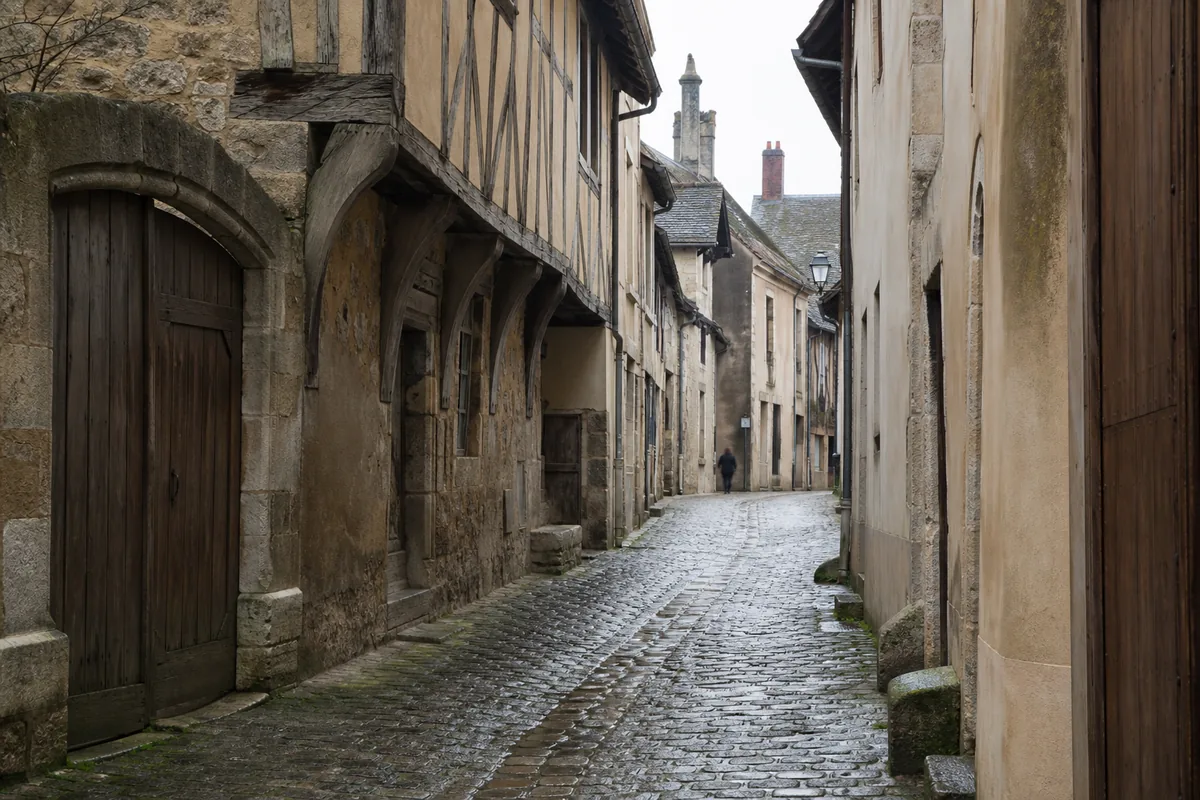 Ruelle pavée du centre médiéval de Charlieu bordée de maisons à pans de bois sous une lumière grise d’hiver