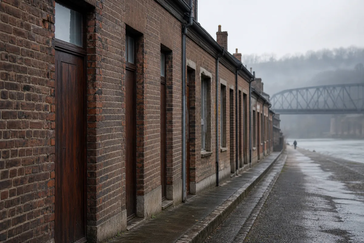 Rangée de maisons ouvrières en brique alignées sur rue au Coteau, portes d’entrée surmontées d’une imposte vitrée