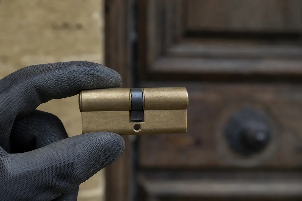 Cylindre européen déposé tenu dans une main gantée devant une porte ancienne, lumière grise de fin d’hiver