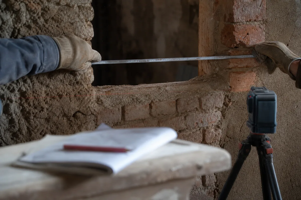 Mains gantées relevant les cotes d’une ouverture ancienne en brique au mètre ruban, lumière grise de fin d’hiver